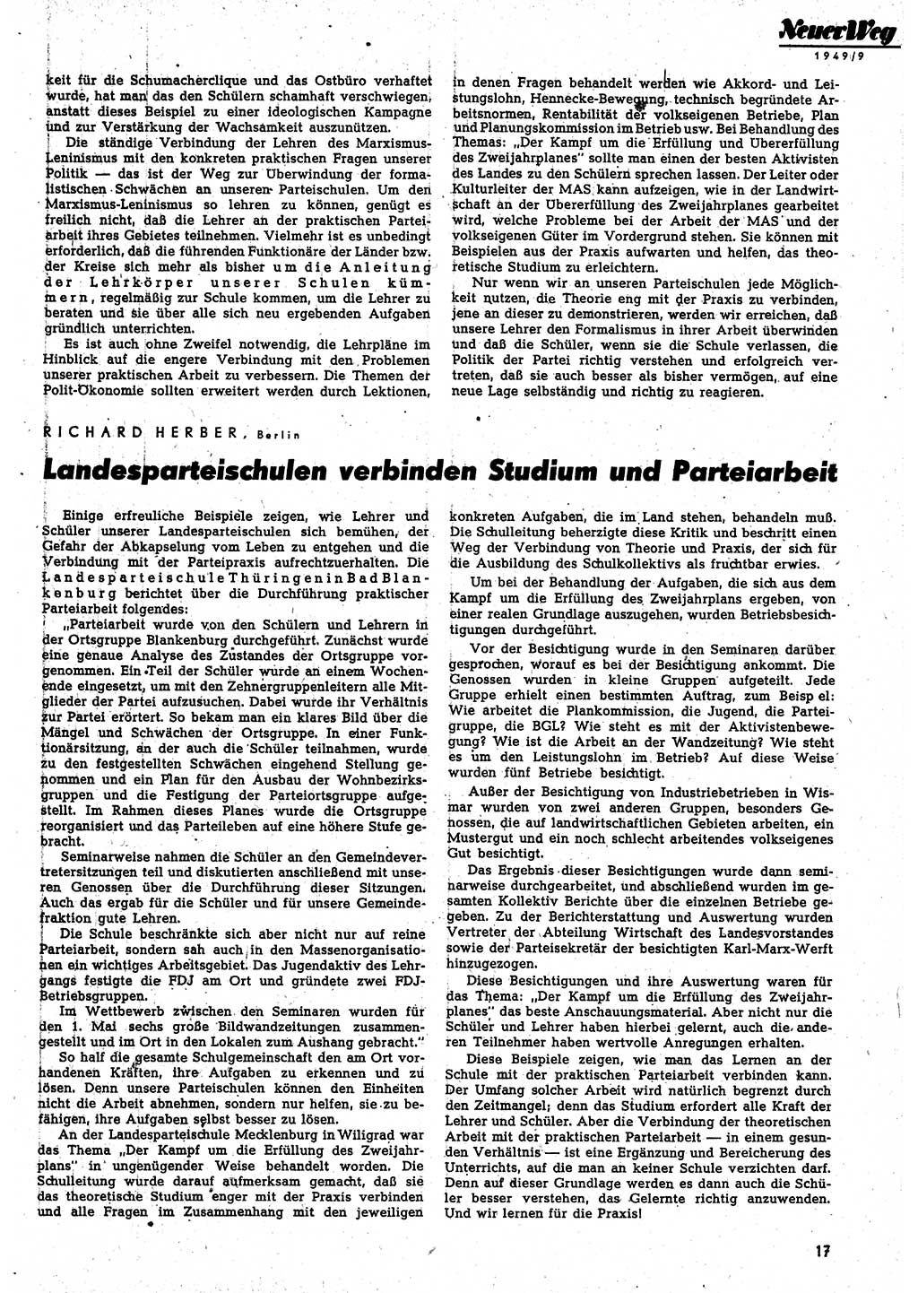 Neuer Weg (NW), Monatsschrift für aktuelle Fragen der Arbeiterbewegung [Parteivorstand (PV) Sozialistische Einheitspartei Deutschlands (SED)], 4. Jahrgang [Sowjetische Besatzungszone (SBZ) Deutschlands, Deutsche Demokratische Republik (DDR)] 1949, Heft 9/17 (NW PV SED SBZ Dtl. DDR 1949, H. 9/17)