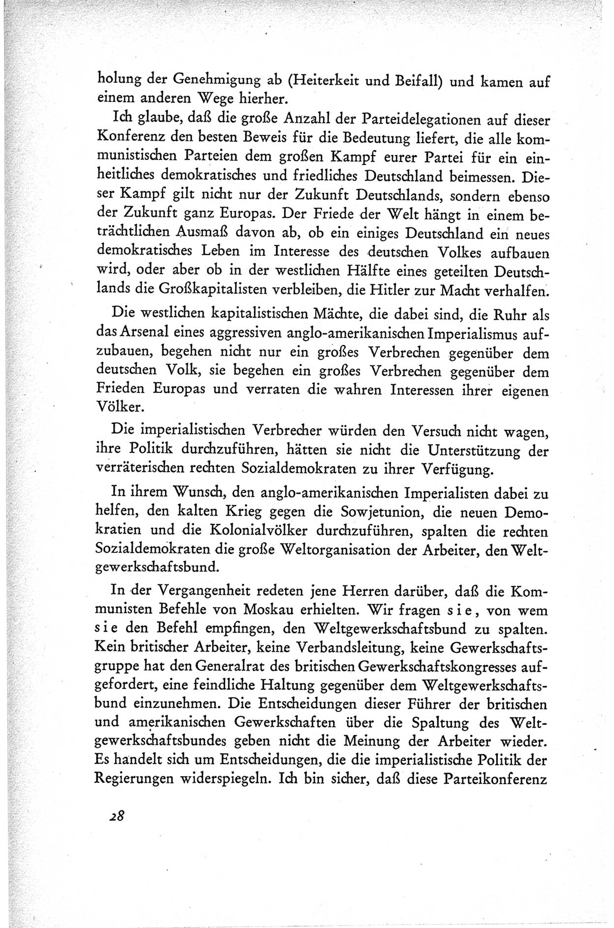 Protokoll der ersten Parteikonferenz der Sozialistischen Einheitspartei Deutschlands (SED) [Sowjetische Besatzungszone (SBZ) Deutschlands] vom 25. bis 28. Januar 1949 im Hause der Deutschen Wirtschaftskommission zu Berlin, Seite 28 (Prot. 1. PK SED SBZ Dtl. 1949, S. 28)