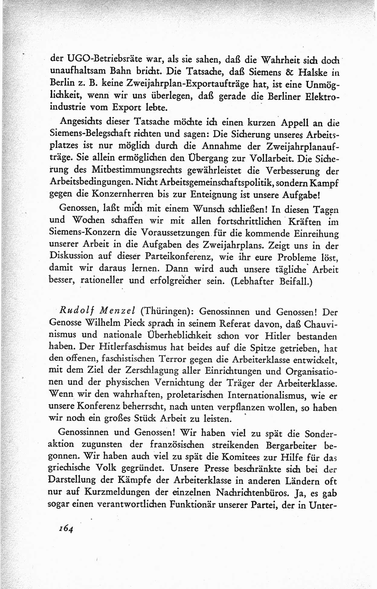 Protokoll der ersten Parteikonferenz der Sozialistischen Einheitspartei Deutschlands (SED) [Sowjetische Besatzungszone (SBZ) Deutschlands] vom 25. bis 28. Januar 1949 im Hause der Deutschen Wirtschaftskommission zu Berlin, Seite 164 (Prot. 1. PK SED SBZ Dtl. 1949, S. 164)