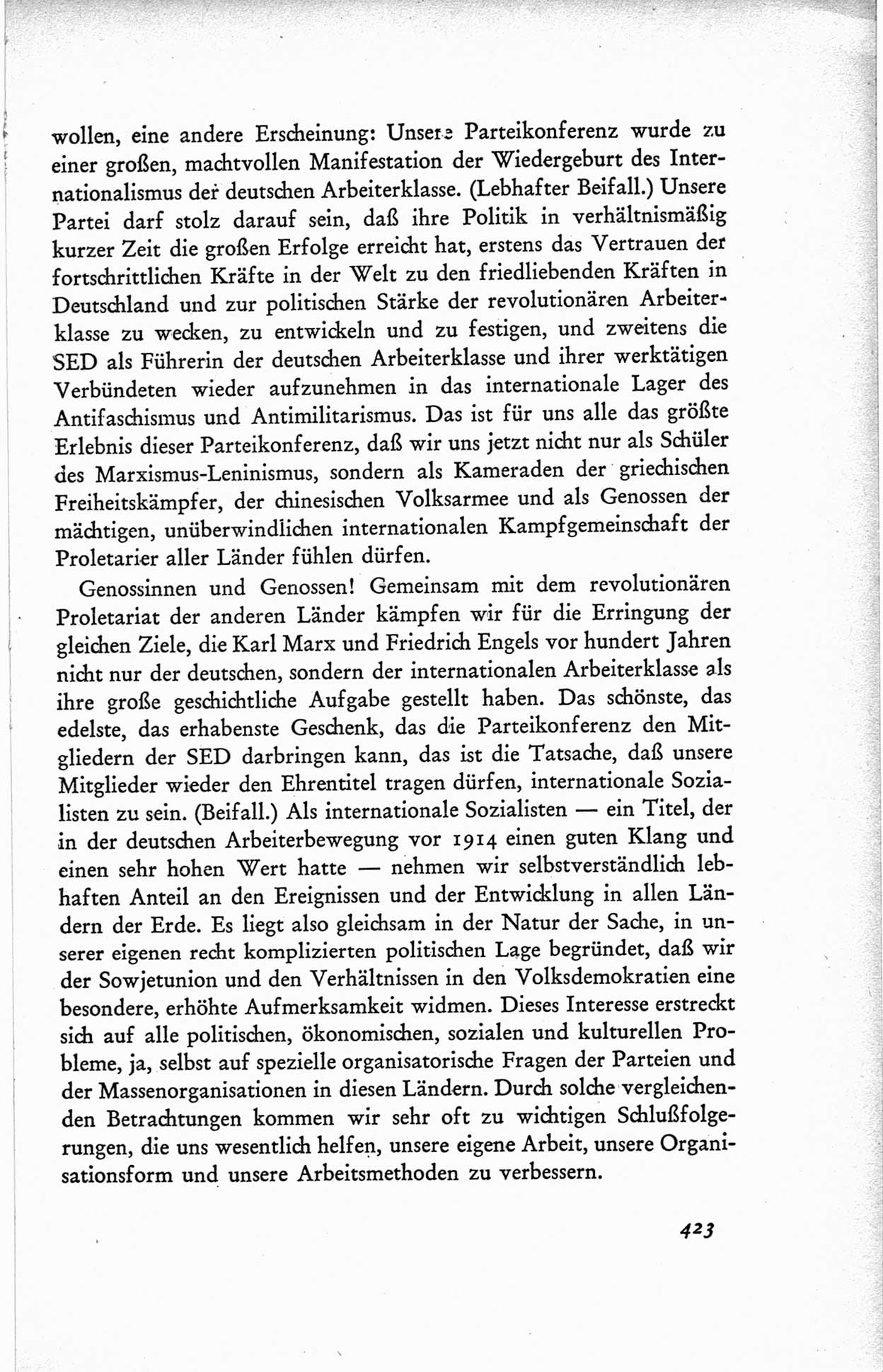 Protokoll der ersten Parteikonferenz der Sozialistischen Einheitspartei Deutschlands (SED) [Sowjetische Besatzungszone (SBZ) Deutschlands] vom 25. bis 28. Januar 1949 im Hause der Deutschen Wirtschaftskommission zu Berlin, Seite 423 (Prot. 1. PK SED SBZ Dtl. 1949, S. 423)