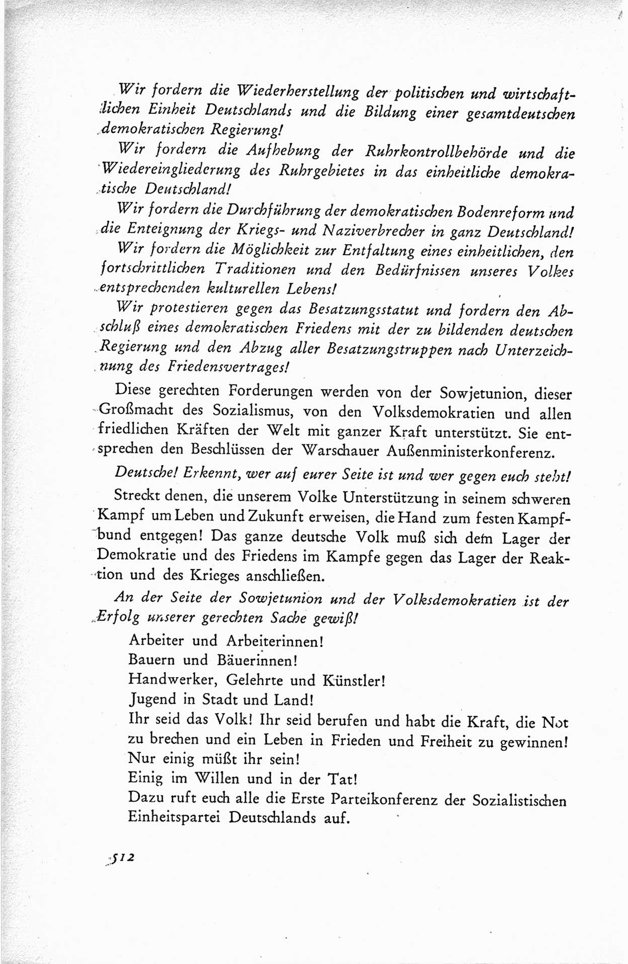 Protokoll der ersten Parteikonferenz der Sozialistischen Einheitspartei Deutschlands (SED) [Sowjetische Besatzungszone (SBZ) Deutschlands] vom 25. bis 28. Januar 1949 im Hause der Deutschen Wirtschaftskommission zu Berlin, Seite 512 (Prot. 1. PK SED SBZ Dtl. 1949, S. 512)