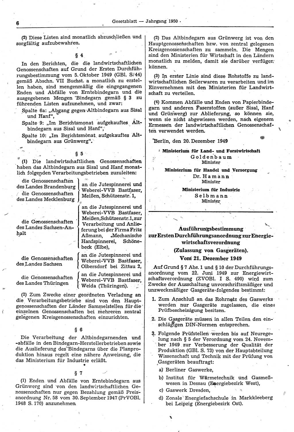 Gesetzblatt (GBl.) der Deutschen Demokratischen Republik (DDR) 1950, Seite 6 (GBl. DDR 1950, S. 6)