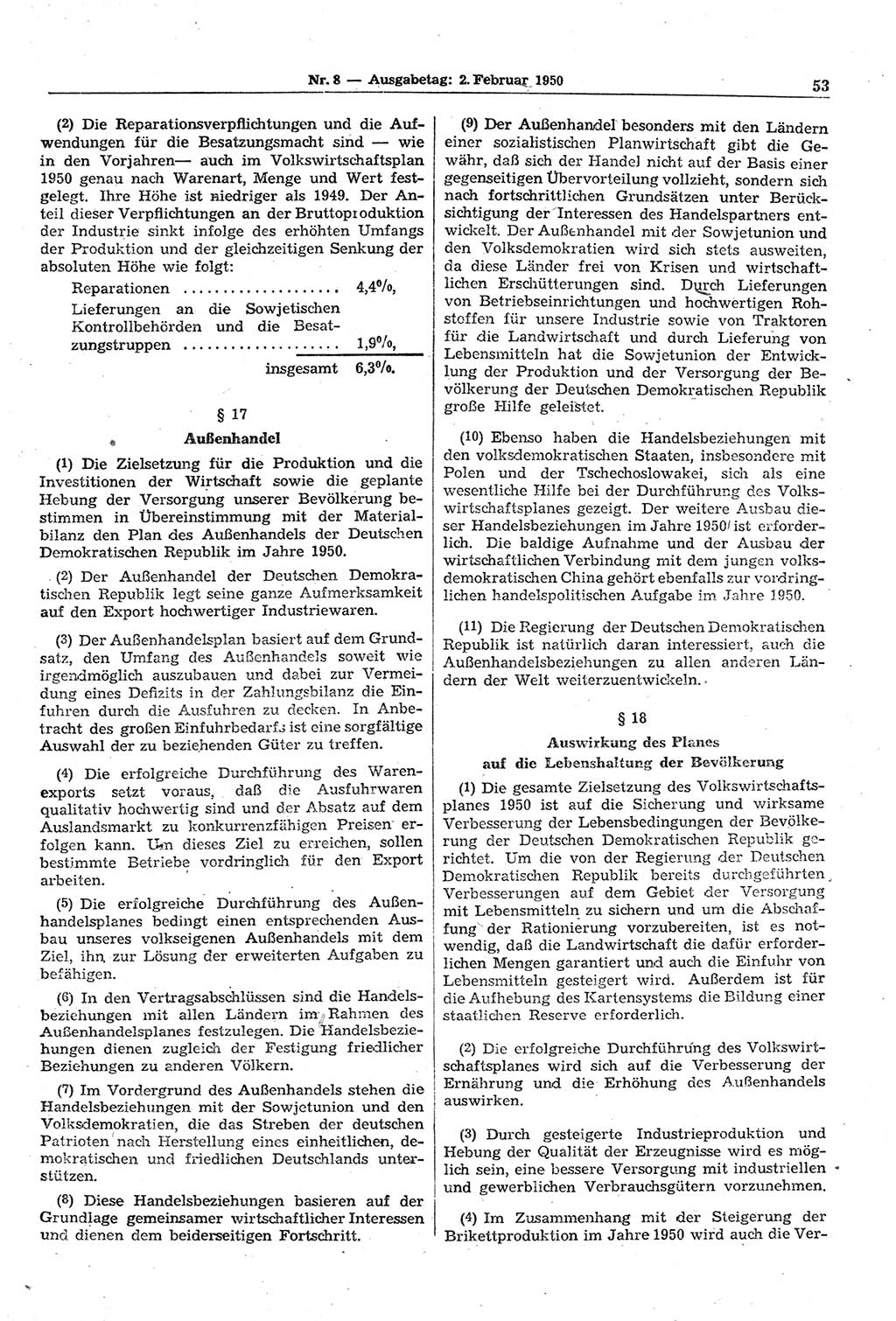 Gesetzblatt (GBl.) der Deutschen Demokratischen Republik (DDR) 1950, Seite 53 (GBl. DDR 1950, S. 53)