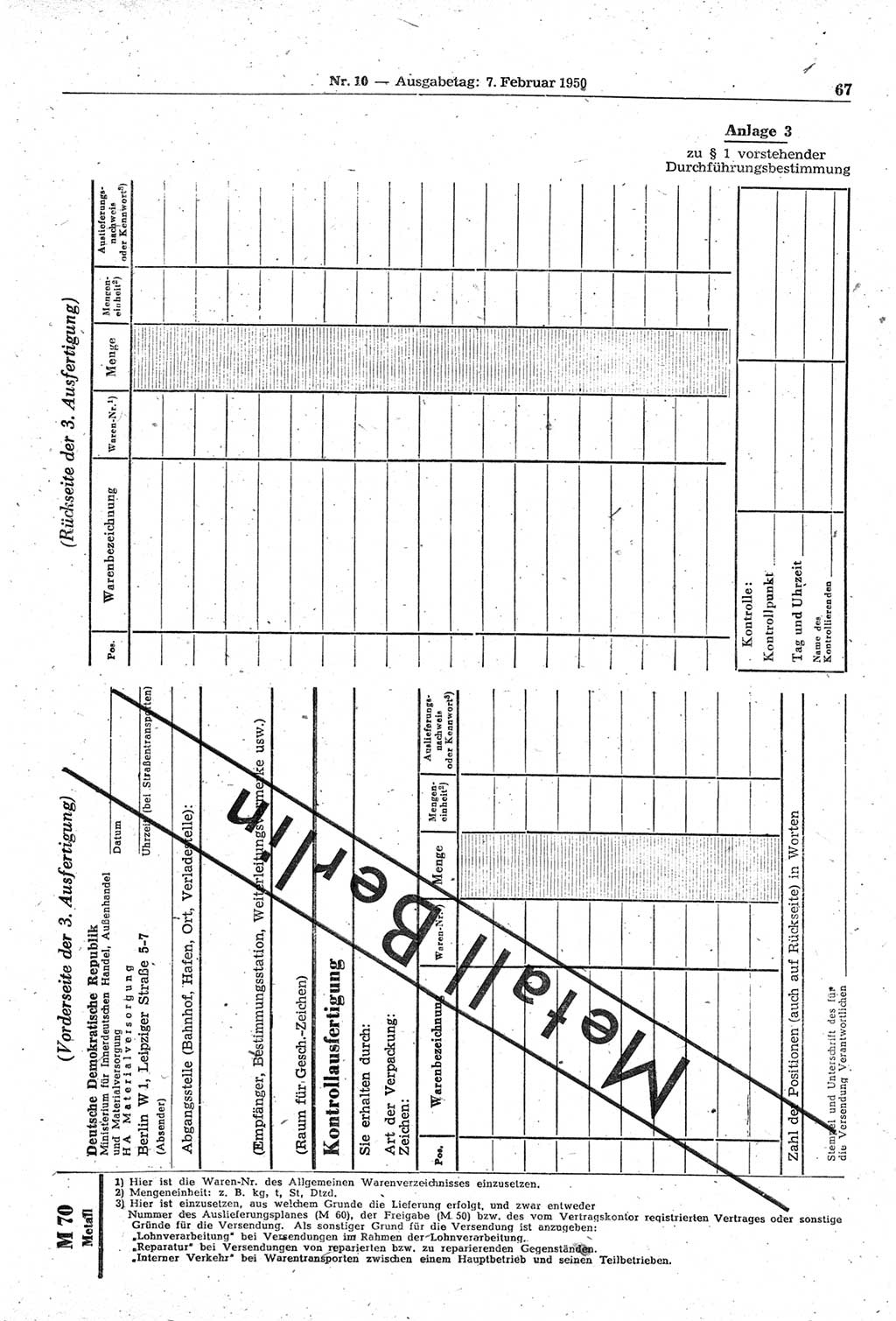 Gesetzblatt (GBl.) der Deutschen Demokratischen Republik (DDR) 1950, Seite 67 (GBl. DDR 1950, S. 67)