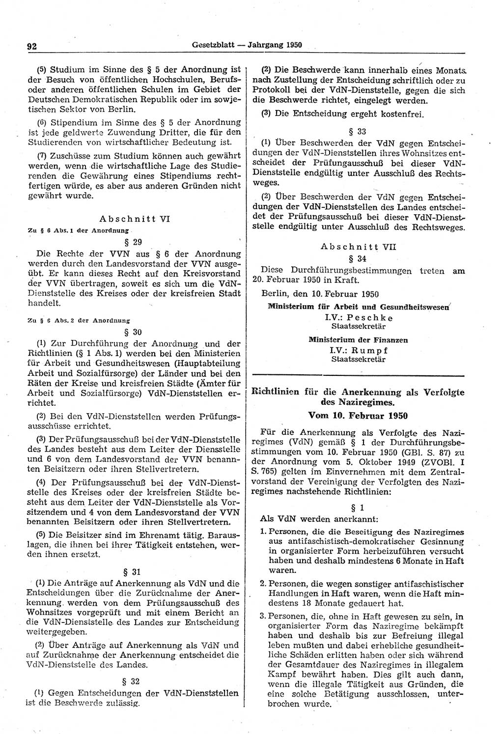 Gesetzblatt (GBl.) der Deutschen Demokratischen Republik (DDR) 1950, Seite 92 (GBl. DDR 1950, S. 92)