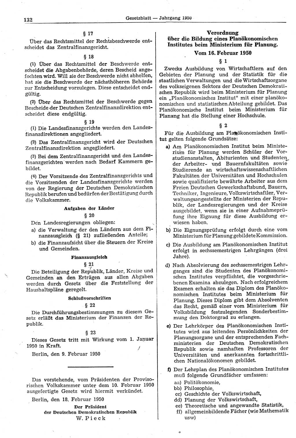 Gesetzblatt (GBl.) der Deutschen Demokratischen Republik (DDR) 1950, Seite 132 (GBl. DDR 1950, S. 132)