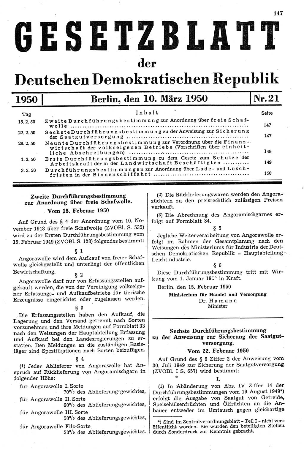 Gesetzblatt (GBl.) der Deutschen Demokratischen Republik (DDR) 1950, Seite 147 (GBl. DDR 1950, S. 147)