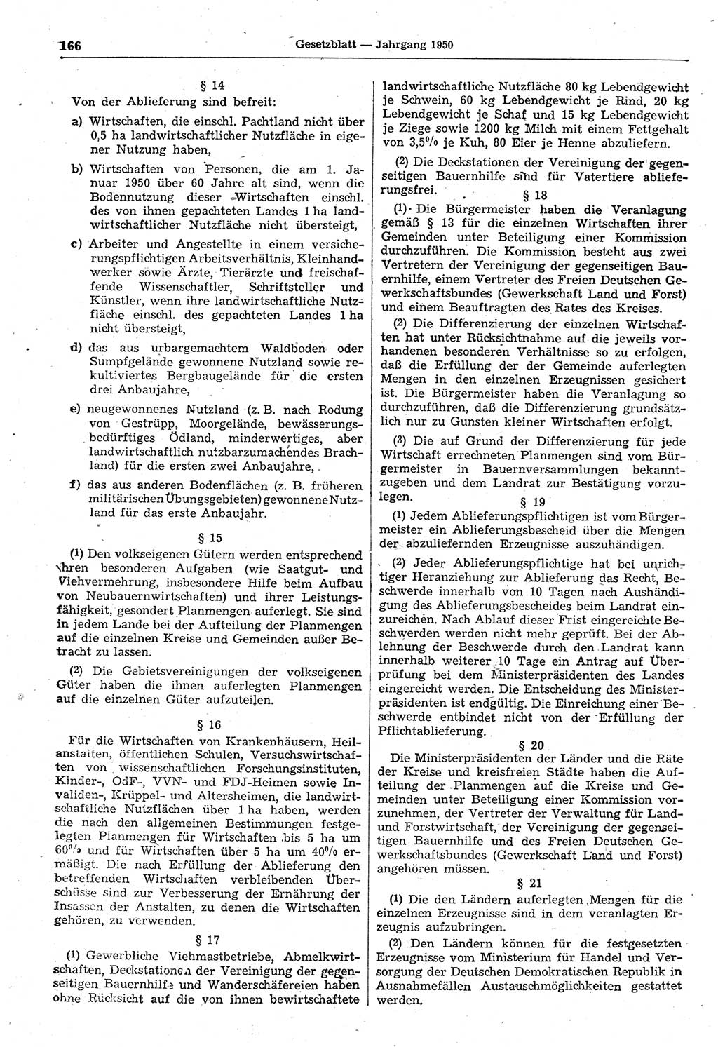Gesetzblatt (GBl.) der Deutschen Demokratischen Republik (DDR) 1950, Seite 166 (GBl. DDR 1950, S. 166)