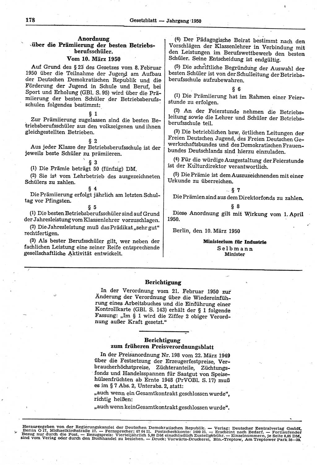 Gesetzblatt (GBl.) der Deutschen Demokratischen Republik (DDR) 1950, Seite 178 (GBl. DDR 1950, S. 178)