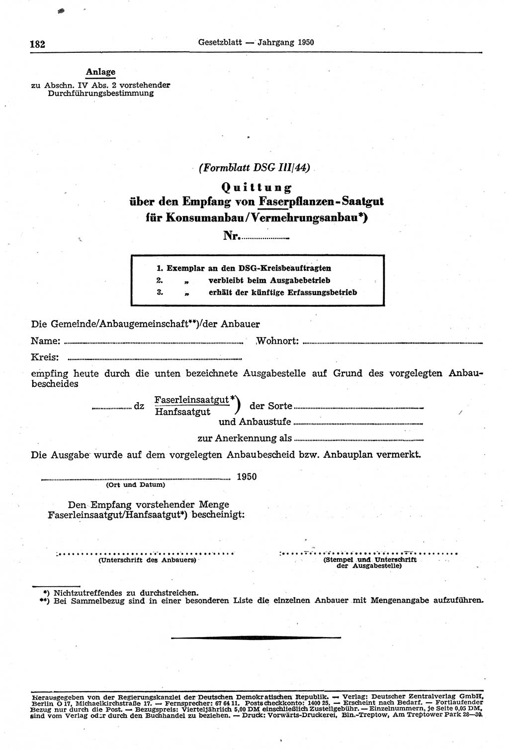 Gesetzblatt (GBl.) der Deutschen Demokratischen Republik (DDR) 1950, Seite 182 (GBl. DDR 1950, S. 182)