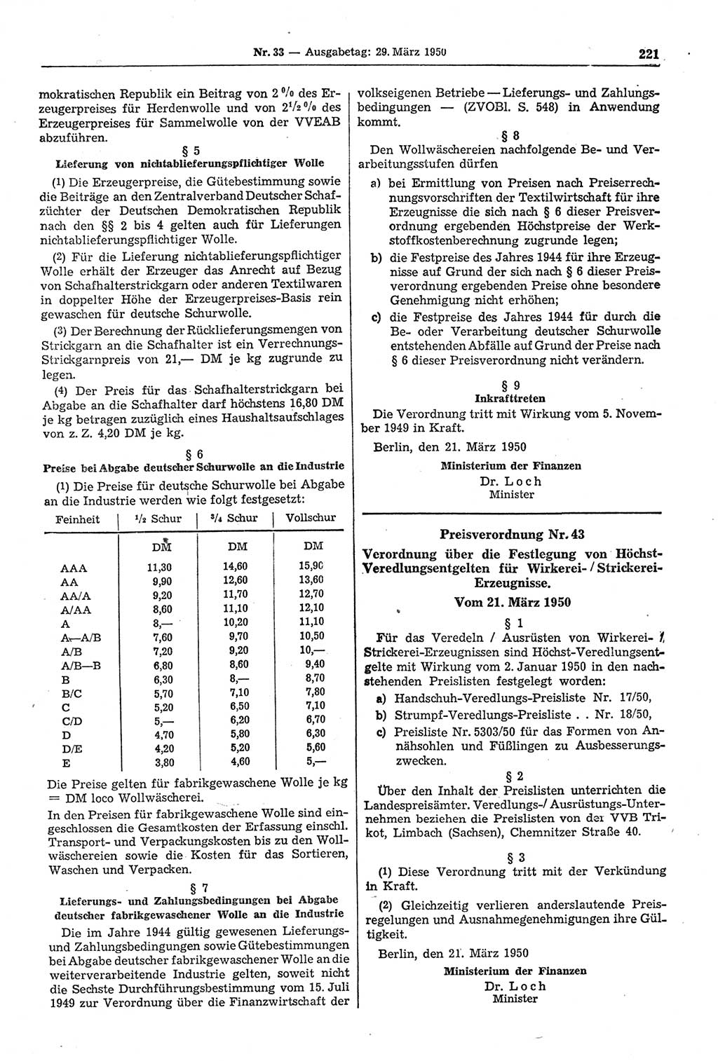 Gesetzblatt (GBl.) der Deutschen Demokratischen Republik (DDR) 1950, Seite 221 (GBl. DDR 1950, S. 221)