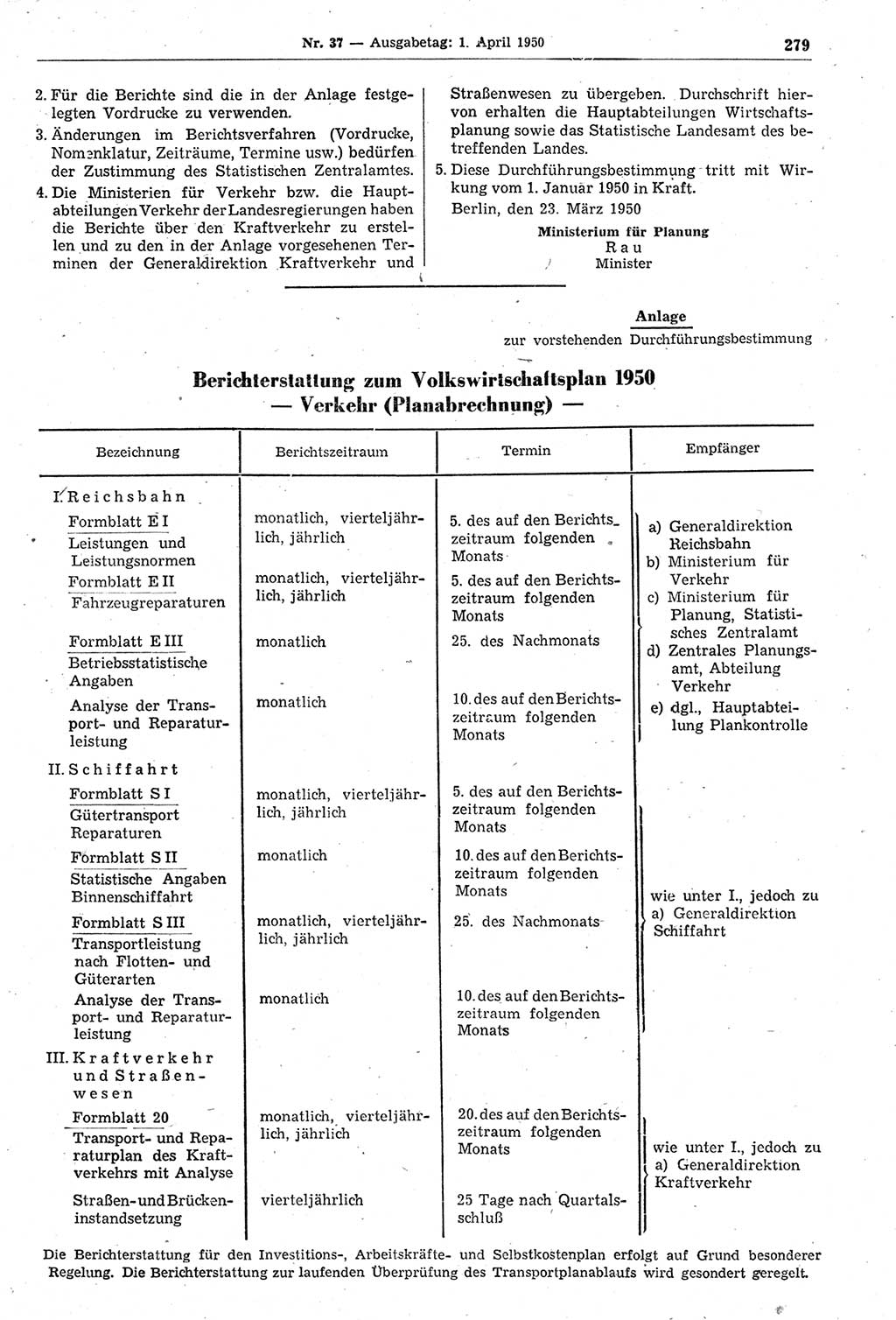 Gesetzblatt (GBl.) der Deutschen Demokratischen Republik (DDR) 1950, Seite 279 (GBl. DDR 1950, S. 279)