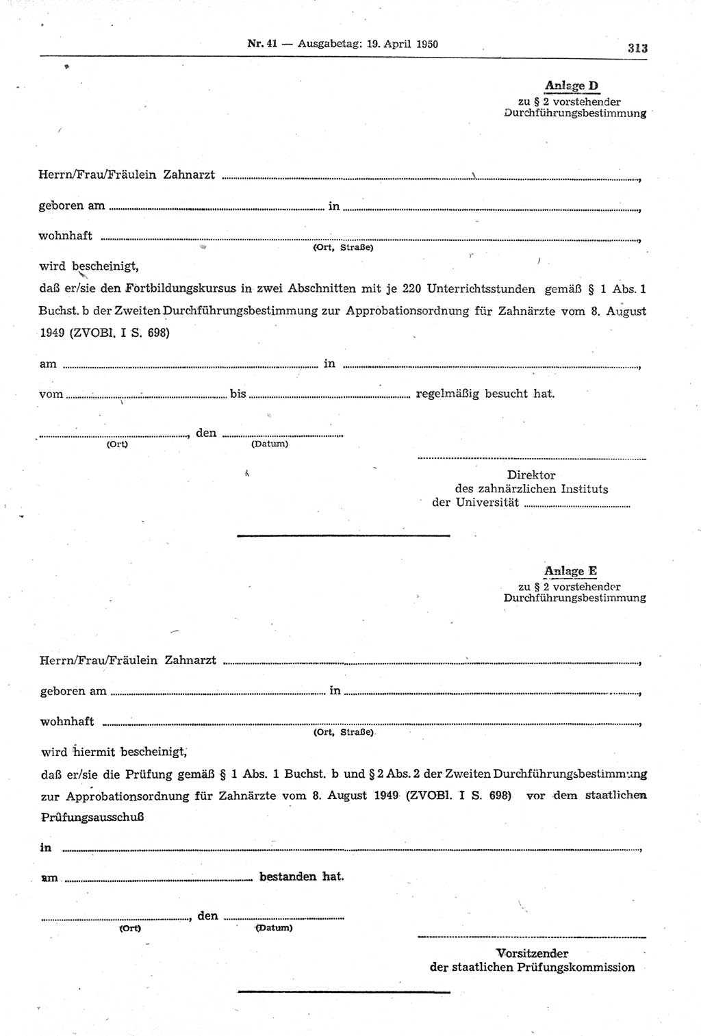 Gesetzblatt (GBl.) der Deutschen Demokratischen Republik (DDR) 1950, Seite 313 (GBl. DDR 1950, S. 313)