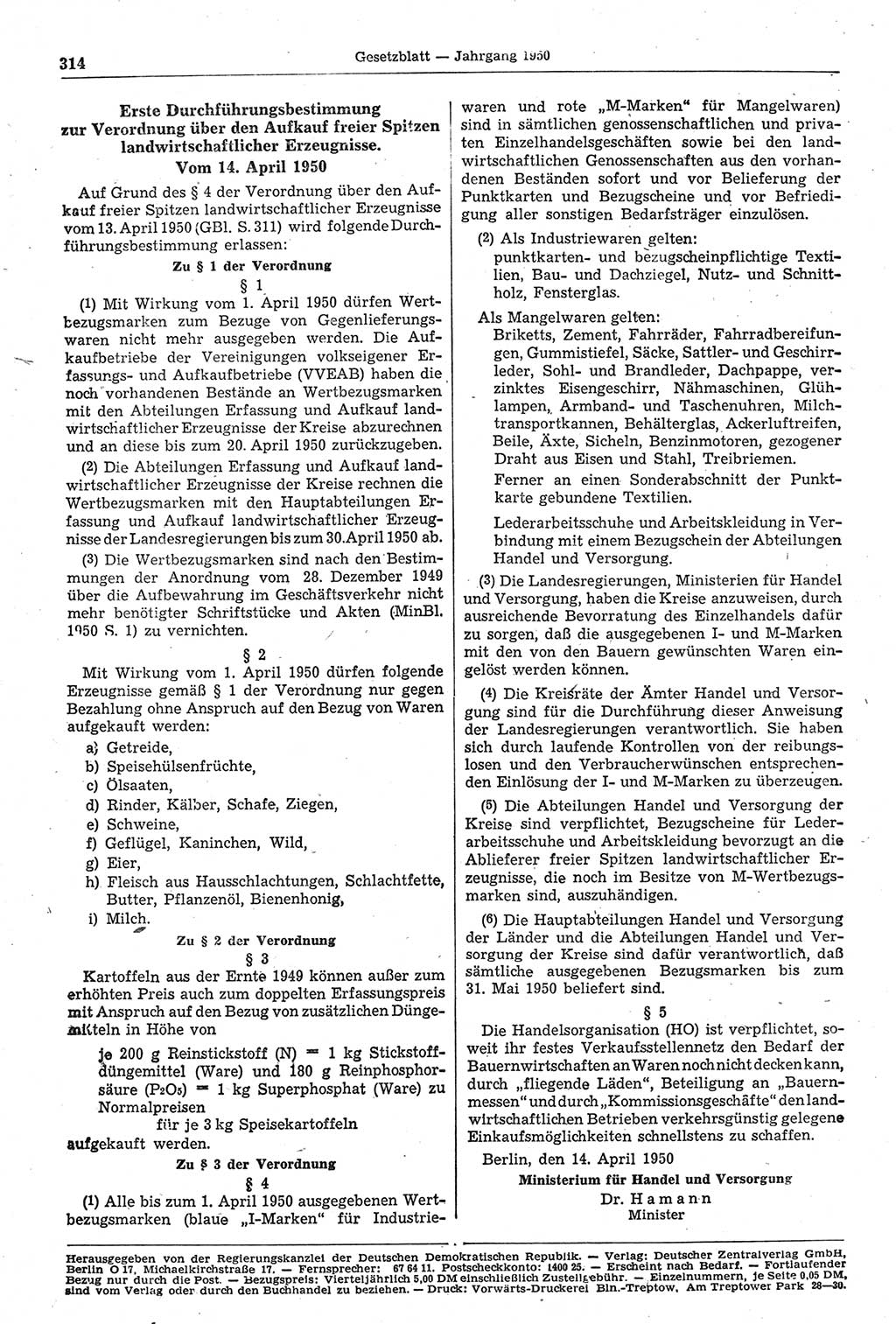 Gesetzblatt (GBl.) der Deutschen Demokratischen Republik (DDR) 1950, Seite 314 (GBl. DDR 1950, S. 314)