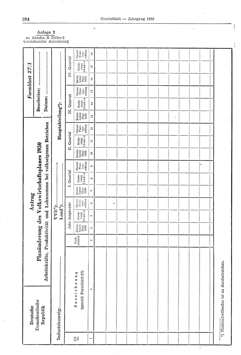 Gesetzblatt (GBl.) der Deutschen Demokratischen Republik (DDR) 1950, Seite 384 (GBl. DDR 1950, S. 384)