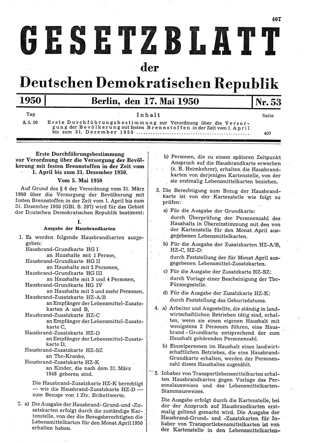 Gesetzblatt (GBl.) der Deutschen Demokratischen Republik (DDR) 1950, Seite 407 (GBl. DDR 1950, S. 407)