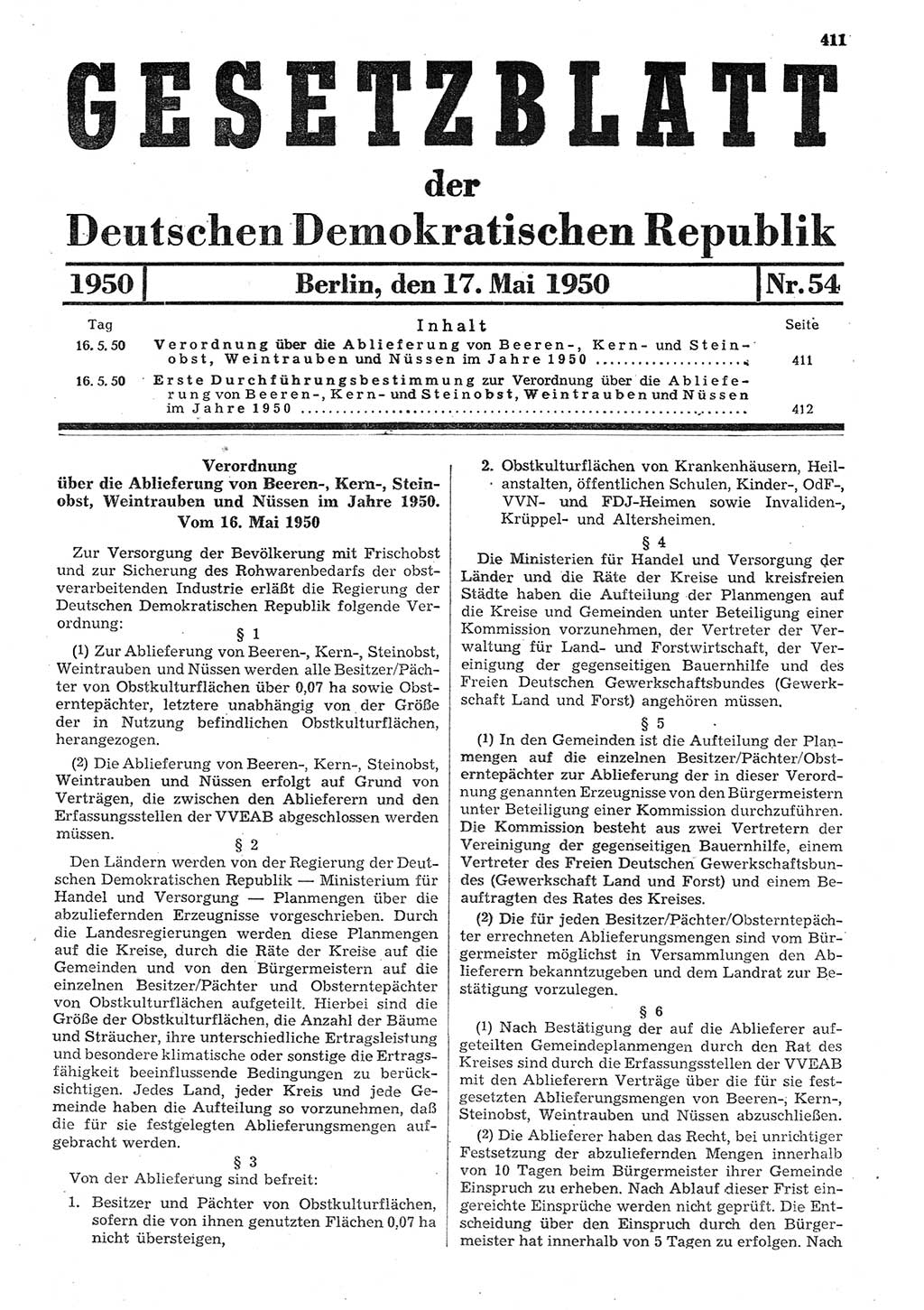 Gesetzblatt (GBl.) der Deutschen Demokratischen Republik (DDR) 1950, Seite 411 (GBl. DDR 1950, S. 411)