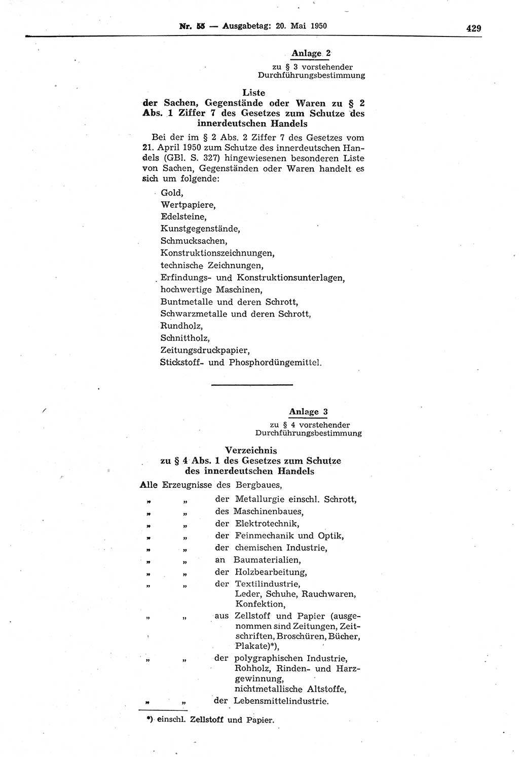 Gesetzblatt (GBl.) der Deutschen Demokratischen Republik (DDR) 1950, Seite 429 (GBl. DDR 1950, S. 429)