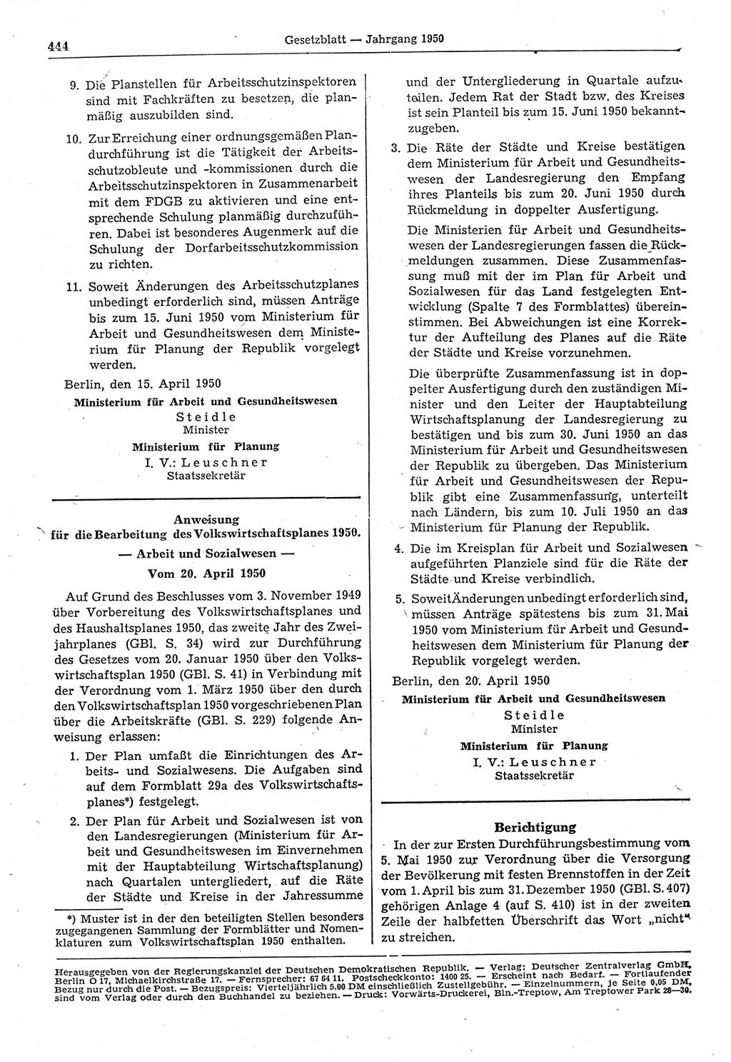 Gesetzblatt (GBl.) der Deutschen Demokratischen Republik (DDR) 1950, Seite 444 (GBl. DDR 1950, S. 444)