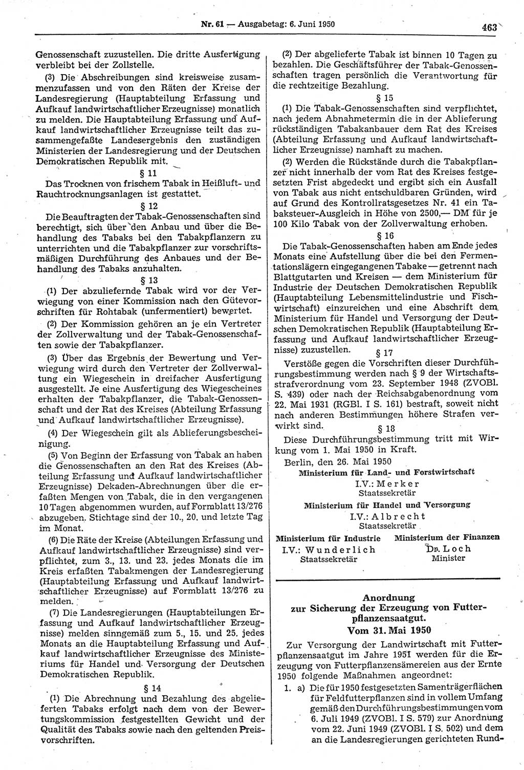 Gesetzblatt (GBl.) der Deutschen Demokratischen Republik (DDR) 1950, Seite 463 (GBl. DDR 1950, S. 463)