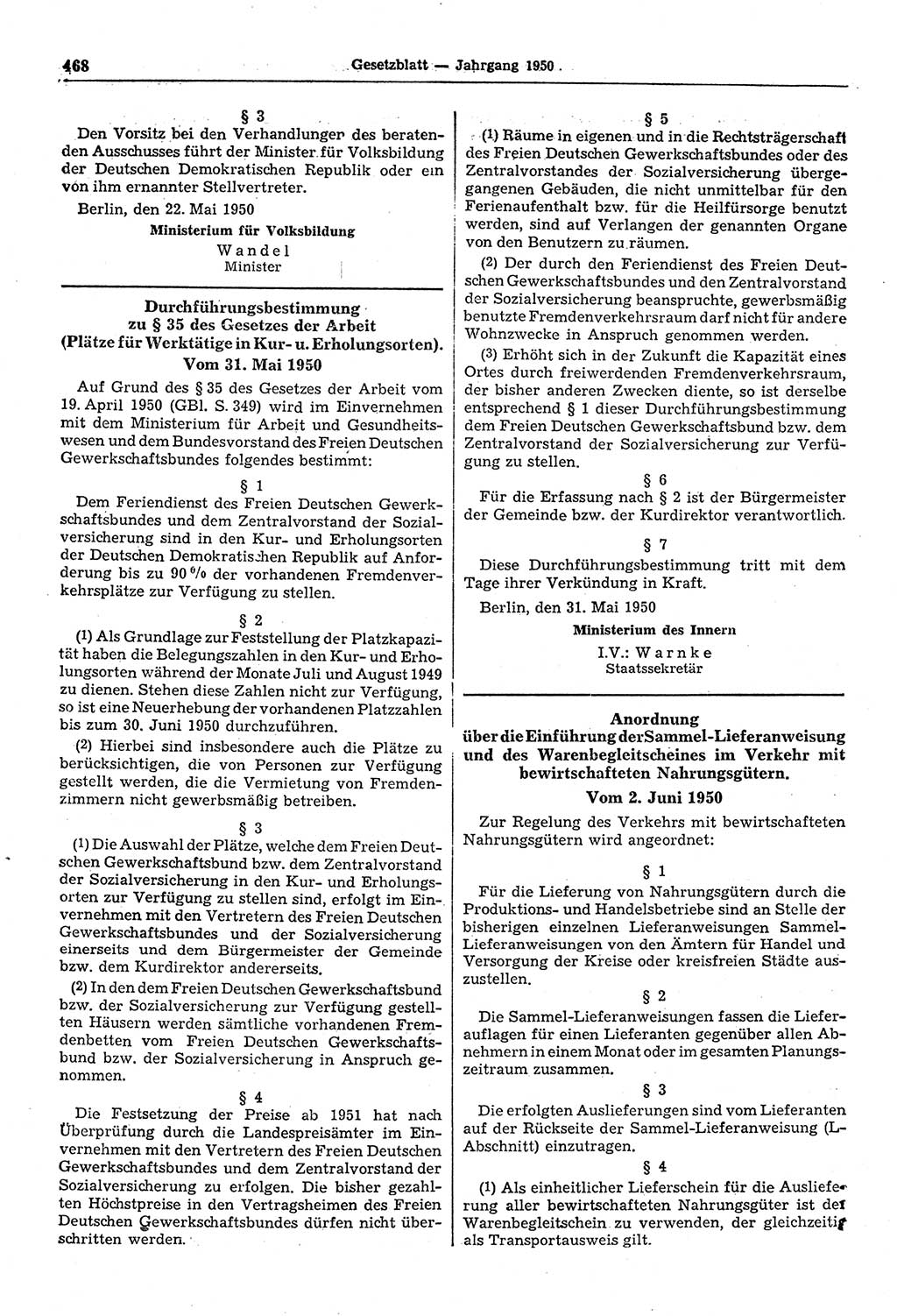 Gesetzblatt (GBl.) der Deutschen Demokratischen Republik (DDR) 1950, Seite 468 (GBl. DDR 1950, S. 468)