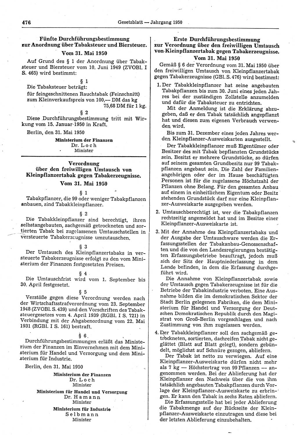 Gesetzblatt (GBl.) der Deutschen Demokratischen Republik (DDR) 1950, Seite 476 (GBl. DDR 1950, S. 476)