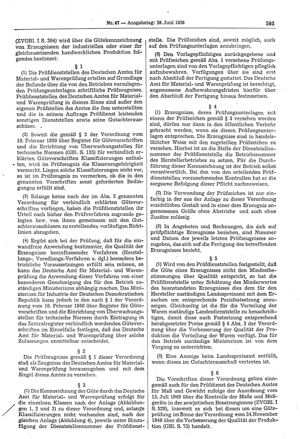 Gesetzblatt (GBl.) der Deutschen Demokratischen Republik (DDR) 1950, Seite 503 (GBl. DDR 1950, S. 503)