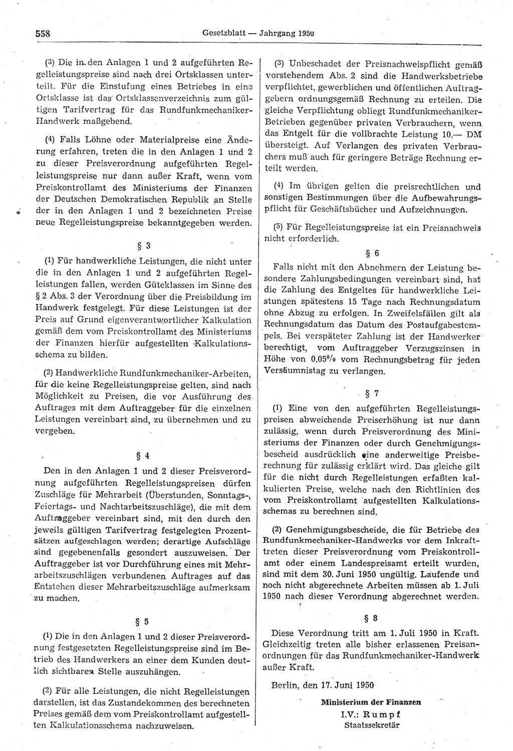 Gesetzblatt (GBl.) der Deutschen Demokratischen Republik (DDR) 1950, Seite 558 (GBl. DDR 1950, S. 558)