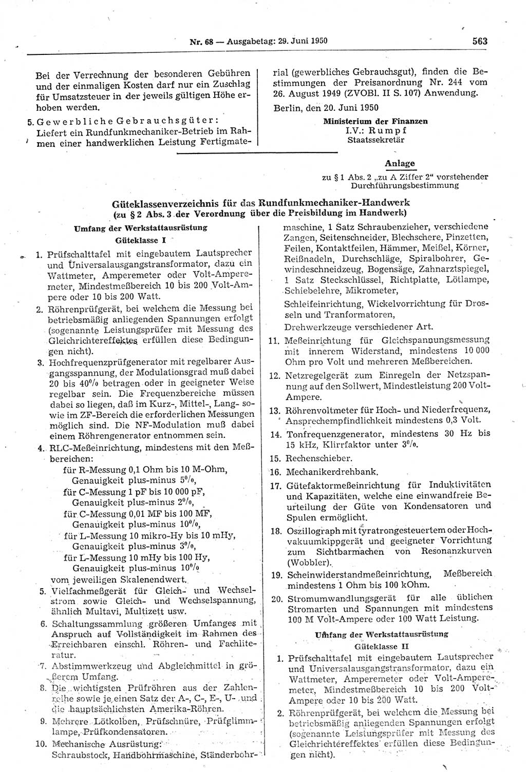 Gesetzblatt (GBl.) der Deutschen Demokratischen Republik (DDR) 1950, Seite 563 (GBl. DDR 1950, S. 563)