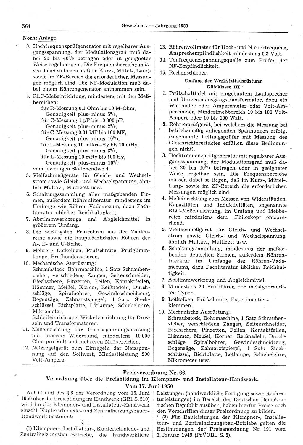 Gesetzblatt (GBl.) der Deutschen Demokratischen Republik (DDR) 1950, Seite 564 (GBl. DDR 1950, S. 564)