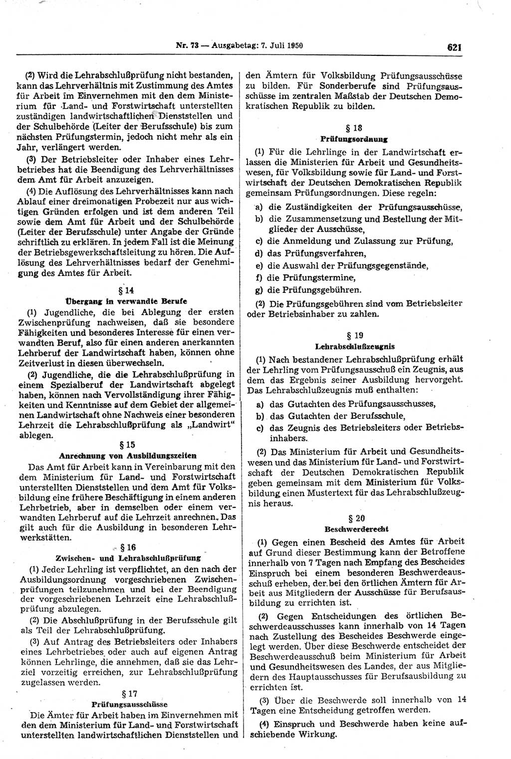 Gesetzblatt (GBl.) der Deutschen Demokratischen Republik (DDR) 1950, Seite 621 (GBl. DDR 1950, S. 621)