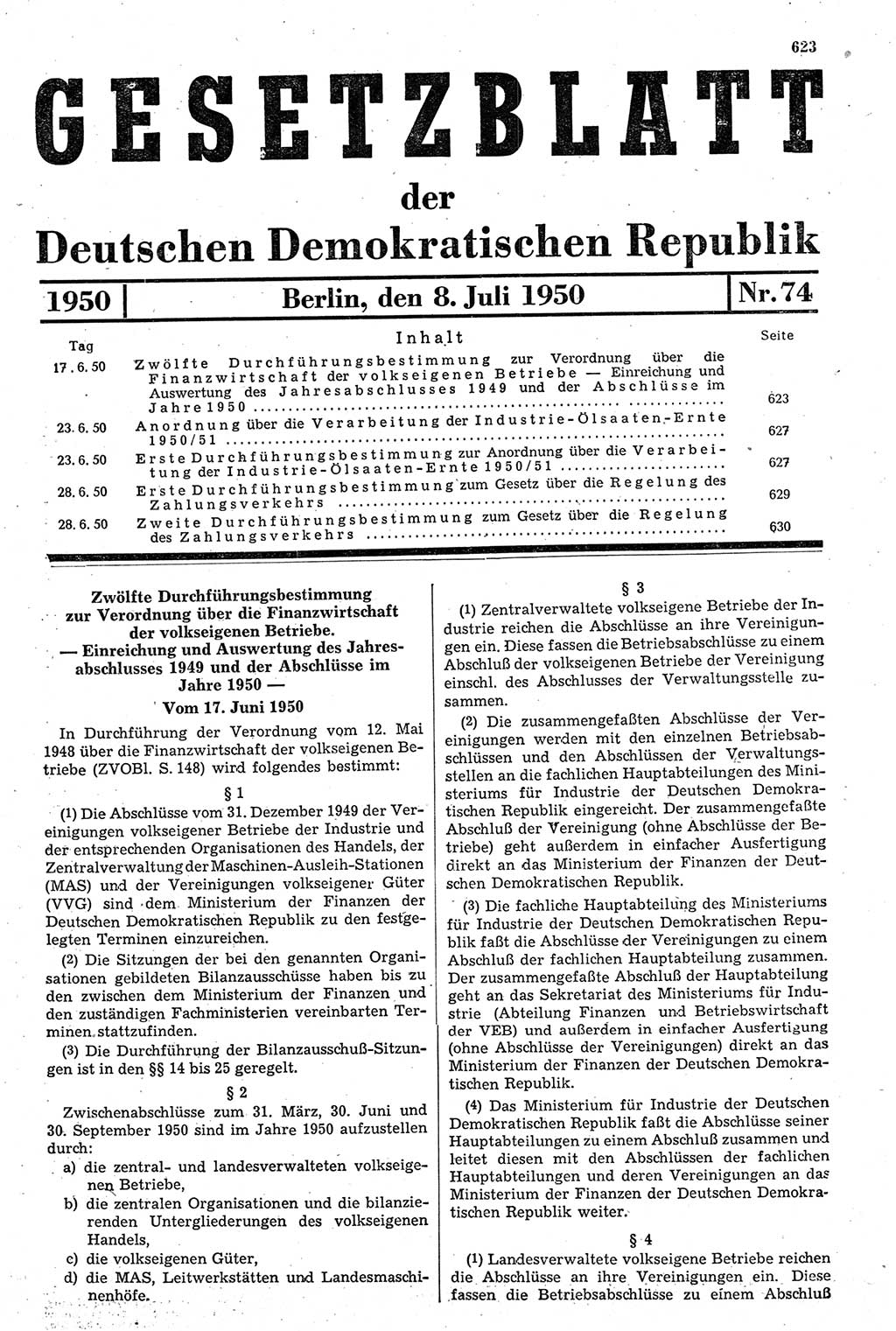 Gesetzblatt (GBl.) der Deutschen Demokratischen Republik (DDR) 1950, Seite 623 (GBl. DDR 1950, S. 623)
