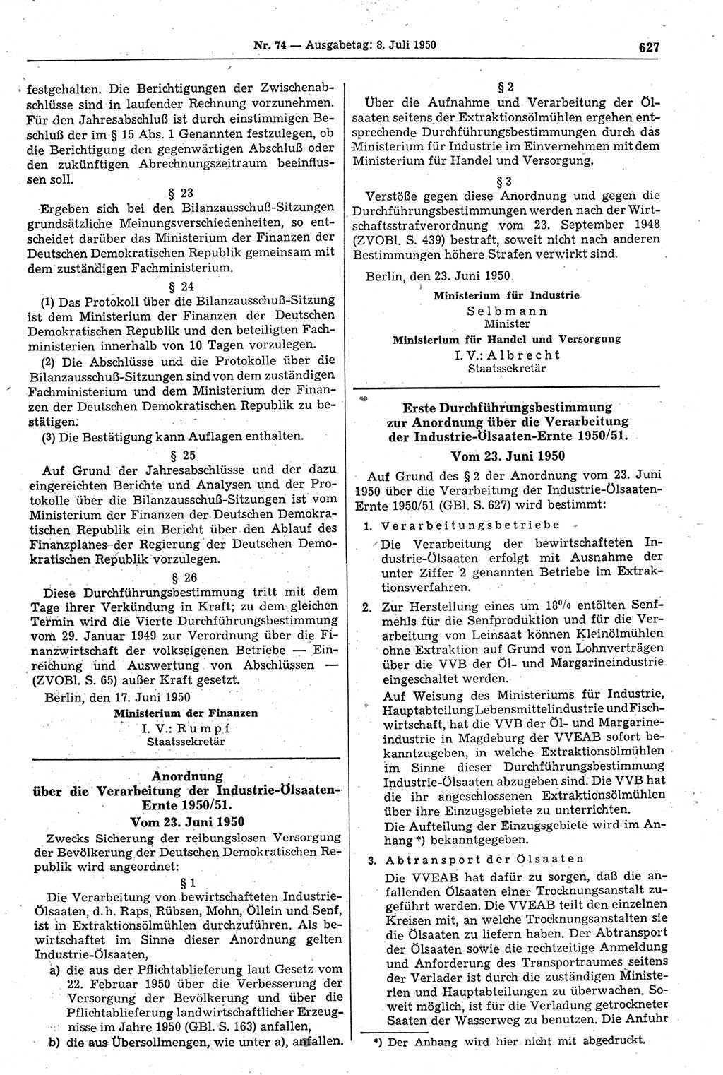 Gesetzblatt (GBl.) der Deutschen Demokratischen Republik (DDR) 1950, Seite 627 (GBl. DDR 1950, S. 627)