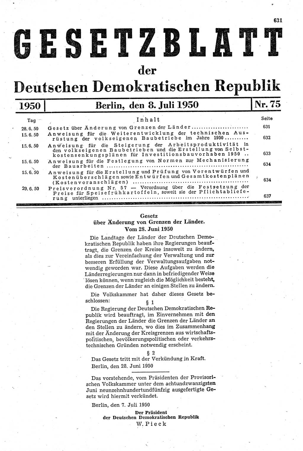 Gesetzblatt (GBl.) der Deutschen Demokratischen Republik (DDR) 1950, Seite 631 (GBl. DDR 1950, S. 631)