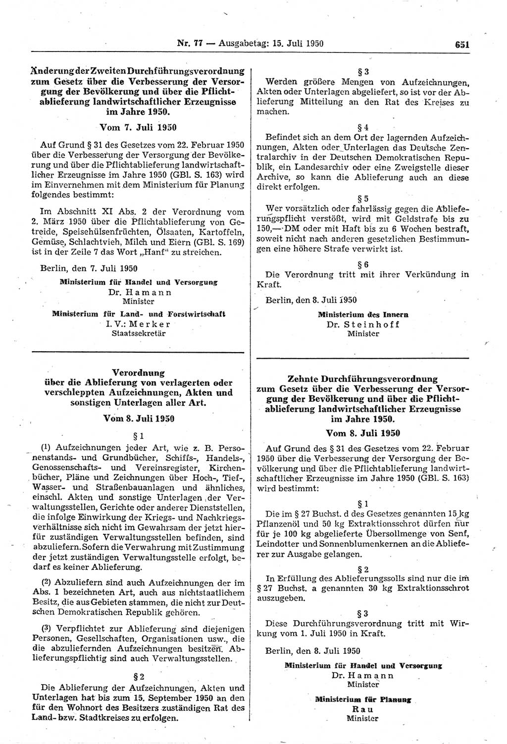 Gesetzblatt (GBl.) der Deutschen Demokratischen Republik (DDR) 1950, Seite 651 (GBl. DDR 1950, S. 651)