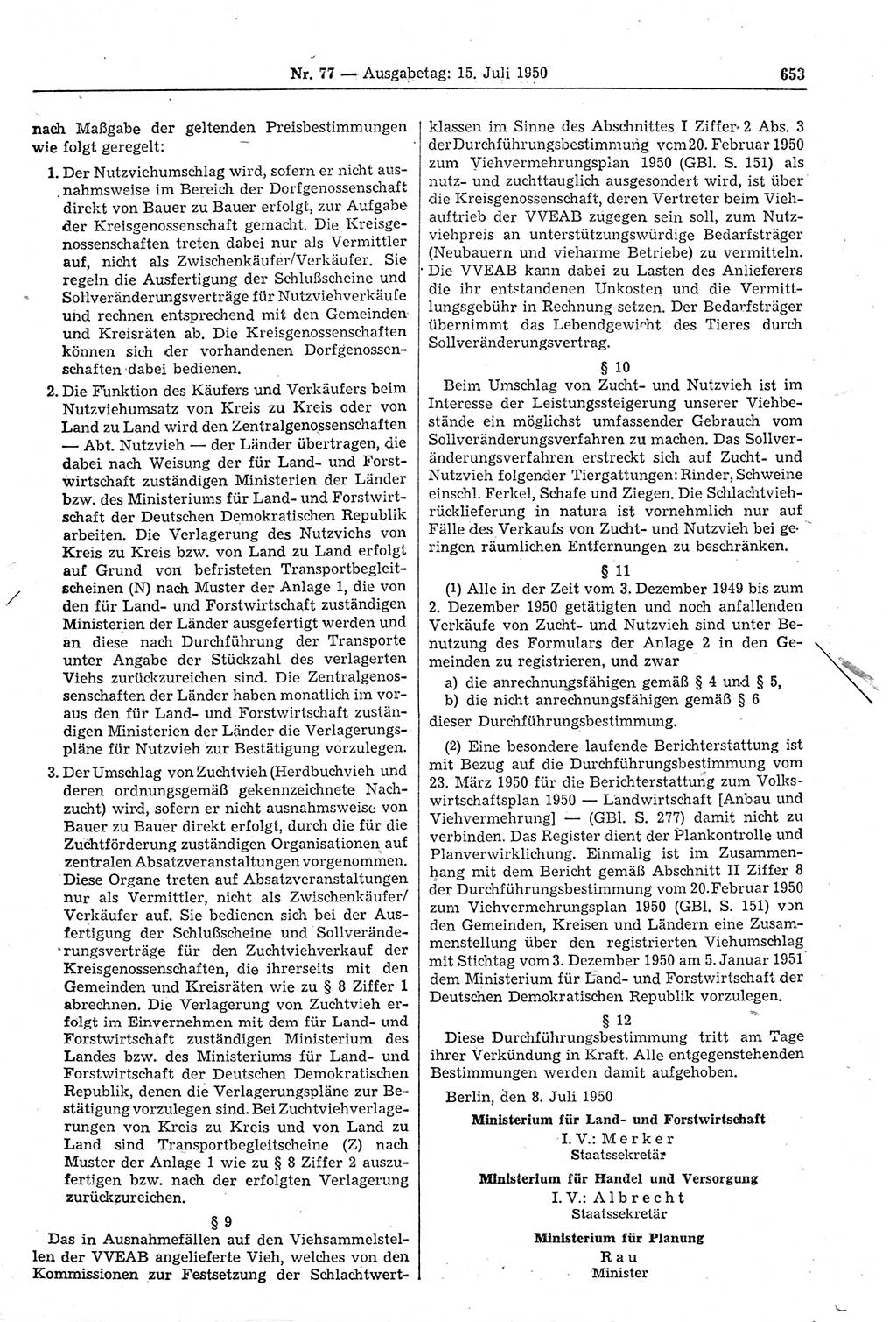 Gesetzblatt (GBl.) der Deutschen Demokratischen Republik (DDR) 1950, Seite 653 (GBl. DDR 1950, S. 653)