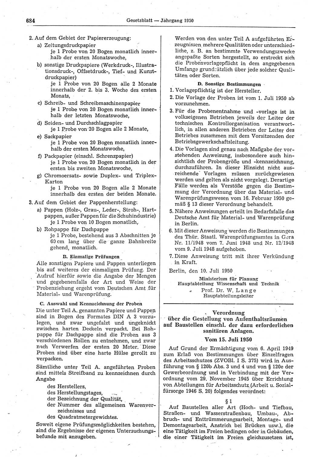 Gesetzblatt (GBl.) der Deutschen Demokratischen Republik (DDR) 1950, Seite 684 (GBl. DDR 1950, S. 684)