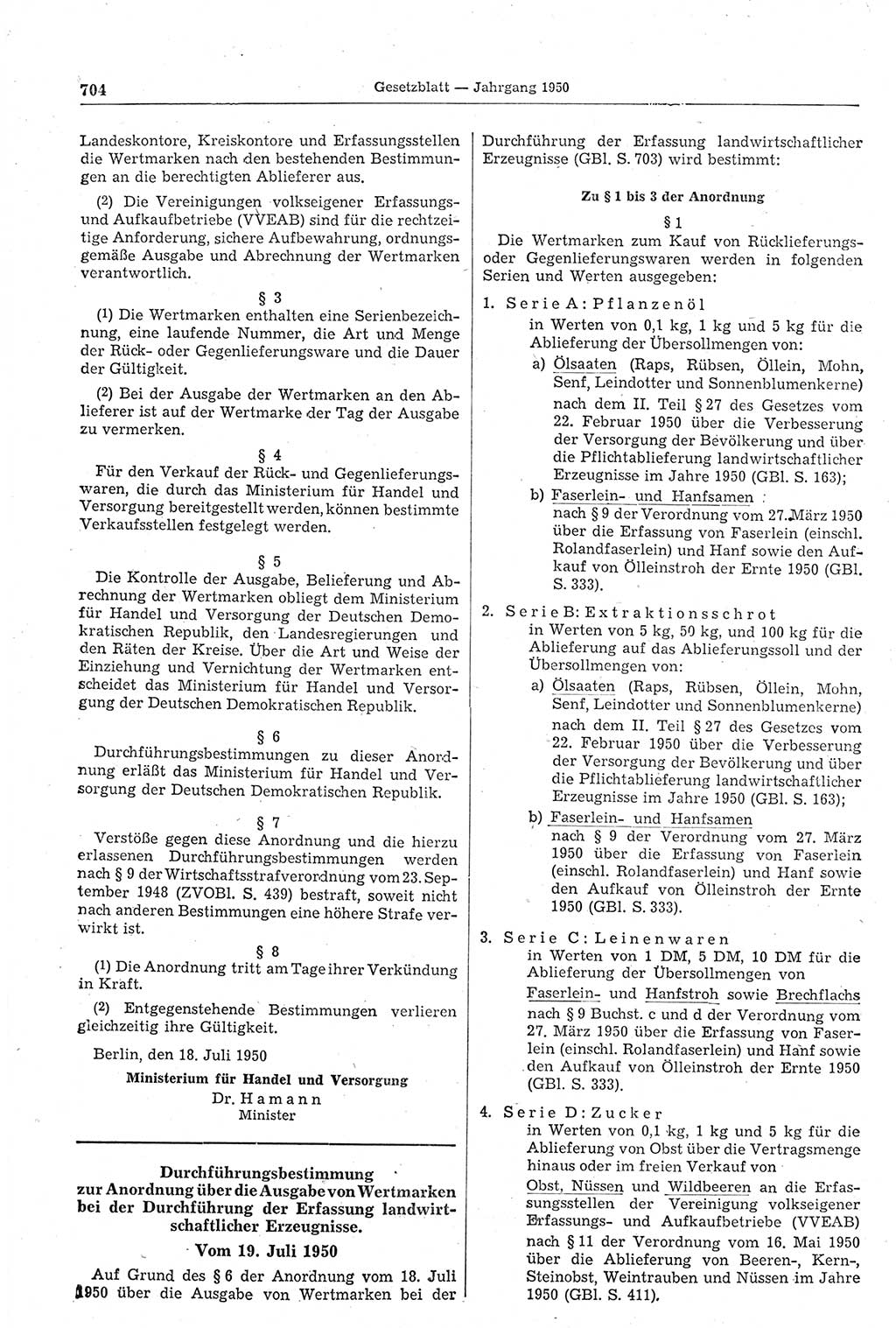 Gesetzblatt (GBl.) der Deutschen Demokratischen Republik (DDR) 1950, Seite 704 (GBl. DDR 1950, S. 704)