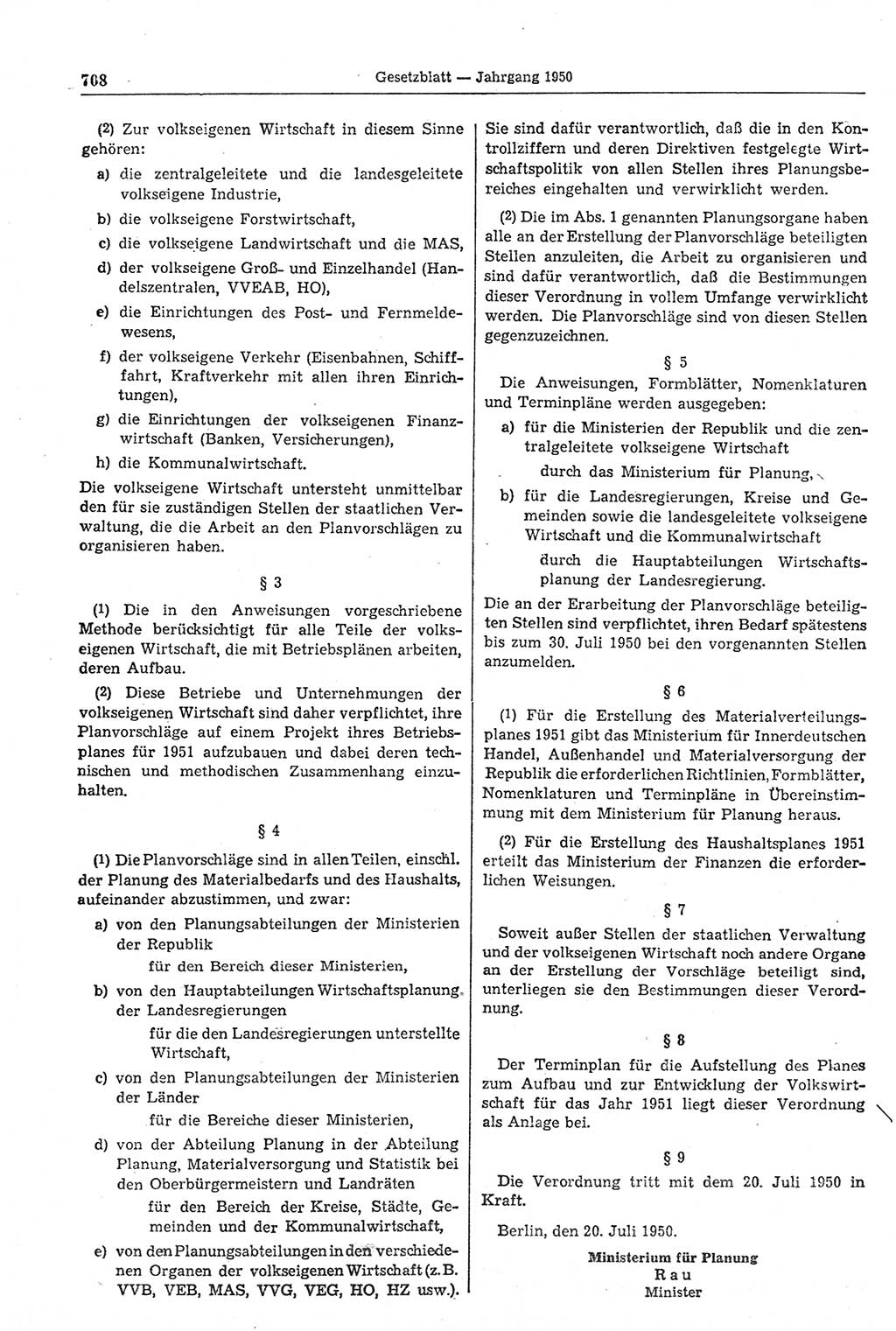 Gesetzblatt (GBl.) der Deutschen Demokratischen Republik (DDR) 1950, Seite 708 (GBl. DDR 1950, S. 708)