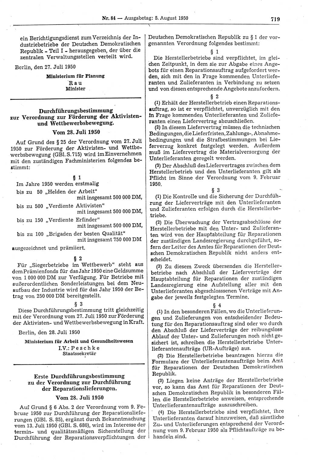 Gesetzblatt (GBl.) der Deutschen Demokratischen Republik (DDR) 1950, Seite 719 (GBl. DDR 1950, S. 719)