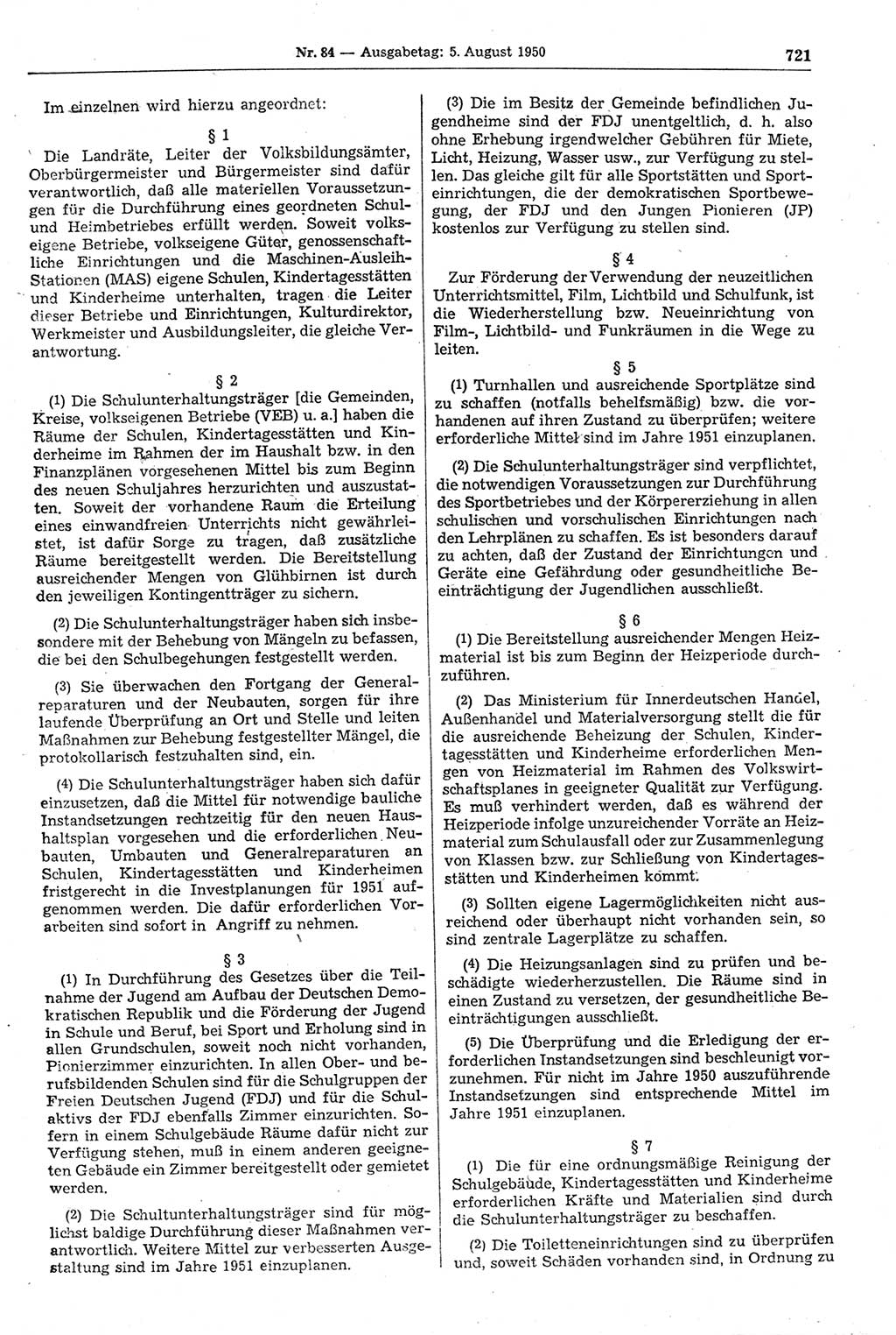 Gesetzblatt (GBl.) der Deutschen Demokratischen Republik (DDR) 1950, Seite 721 (GBl. DDR 1950, S. 721)