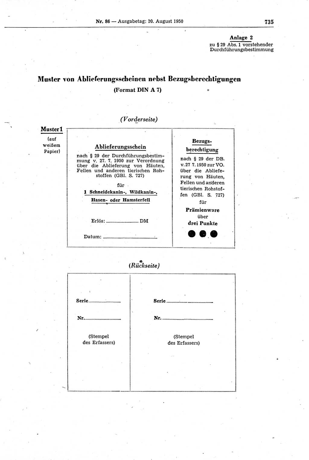 Gesetzblatt (GBl.) der Deutschen Demokratischen Republik (DDR) 1950, Seite 735 (GBl. DDR 1950, S. 735)