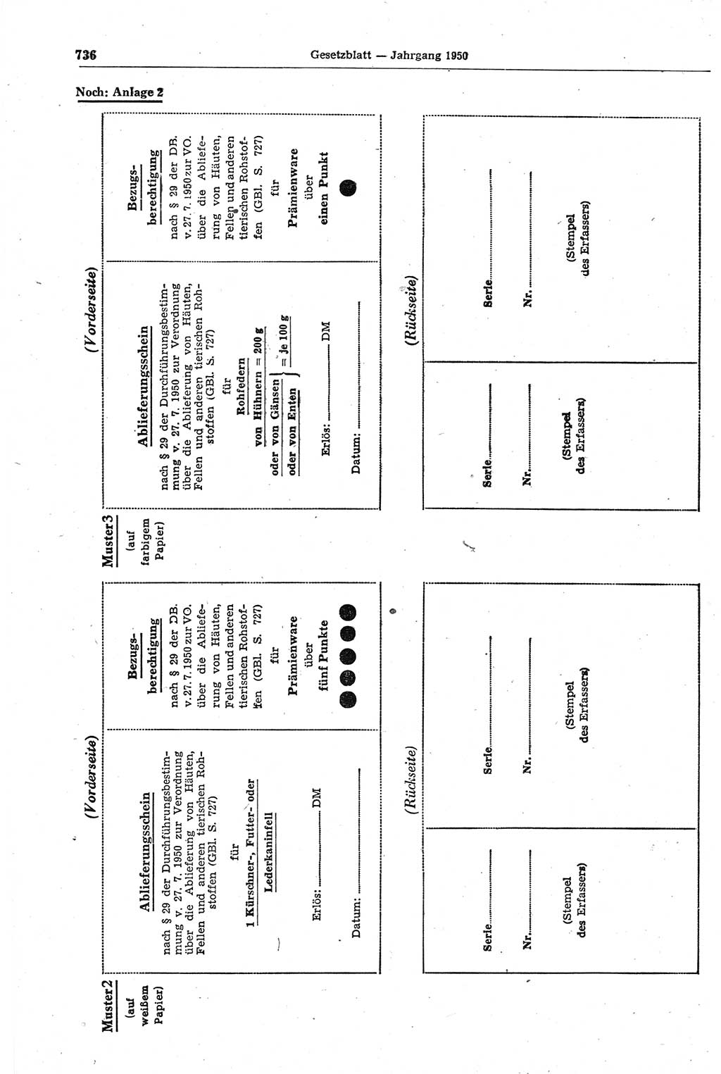 Gesetzblatt (GBl.) der Deutschen Demokratischen Republik (DDR) 1950, Seite 736 (GBl. DDR 1950, S. 736)