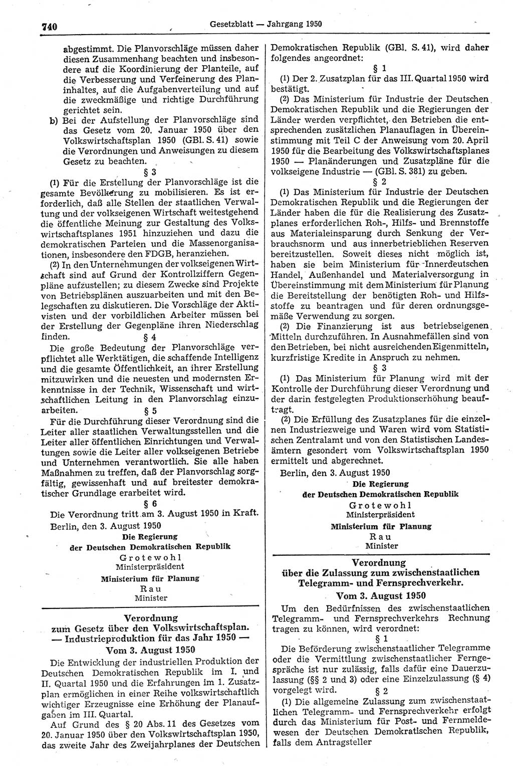 Gesetzblatt (GBl.) der Deutschen Demokratischen Republik (DDR) 1950, Seite 740 (GBl. DDR 1950, S. 740)