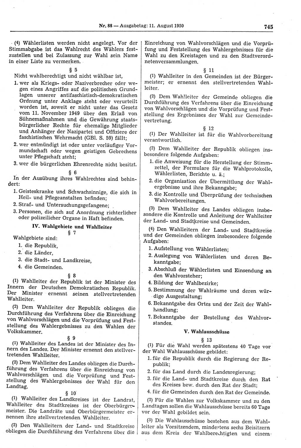 Gesetzblatt (GBl.) der Deutschen Demokratischen Republik (DDR) 1950, Seite 745 (GBl. DDR 1950, S. 745)