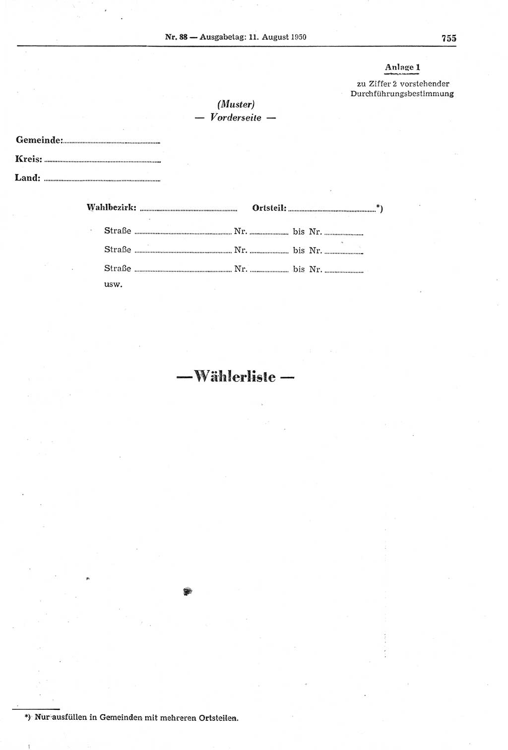 Gesetzblatt (GBl.) der Deutschen Demokratischen Republik (DDR) 1950, Seite 755 (GBl. DDR 1950, S. 755)