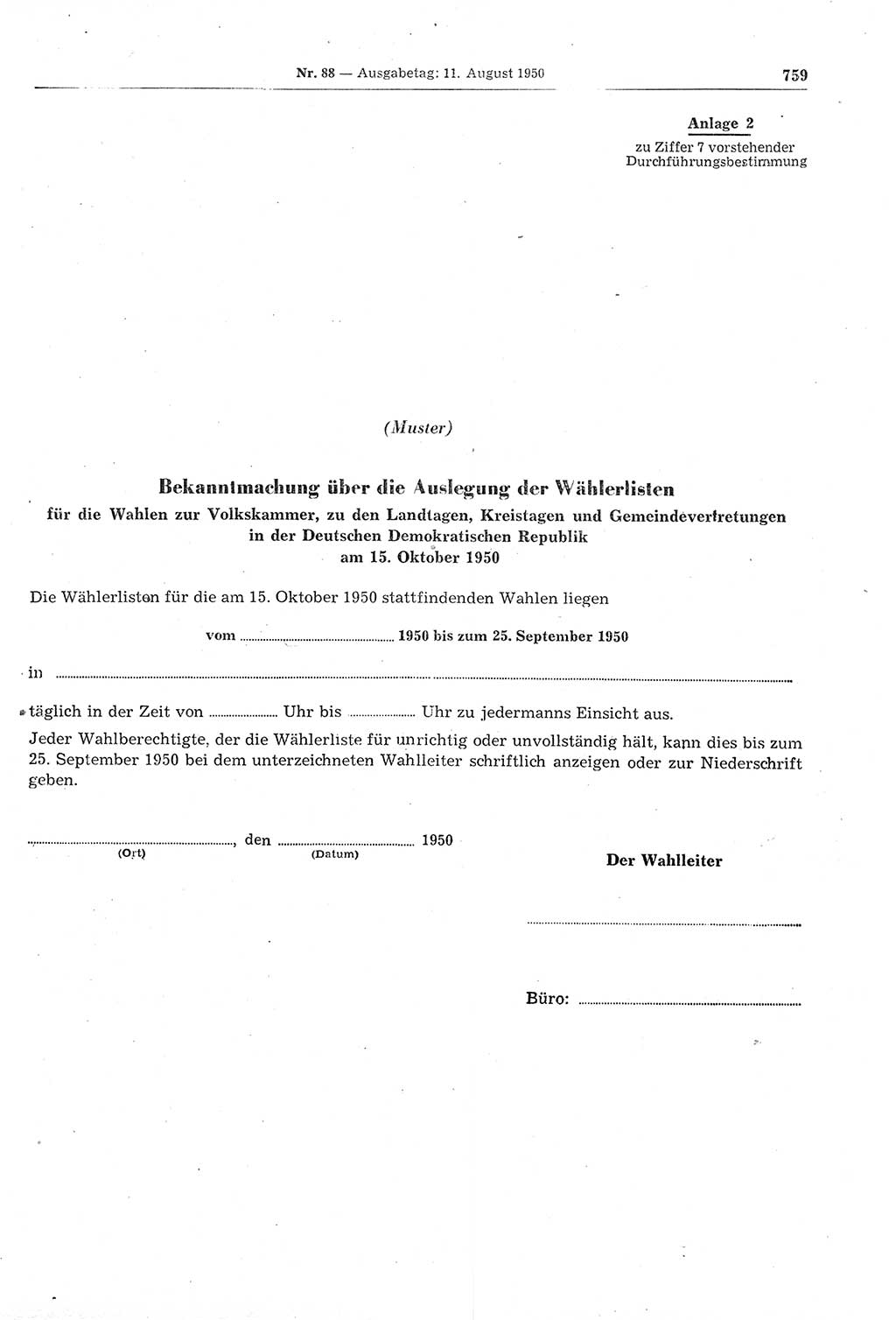 Gesetzblatt (GBl.) der Deutschen Demokratischen Republik (DDR) 1950, Seite 759 (GBl. DDR 1950, S. 759)
