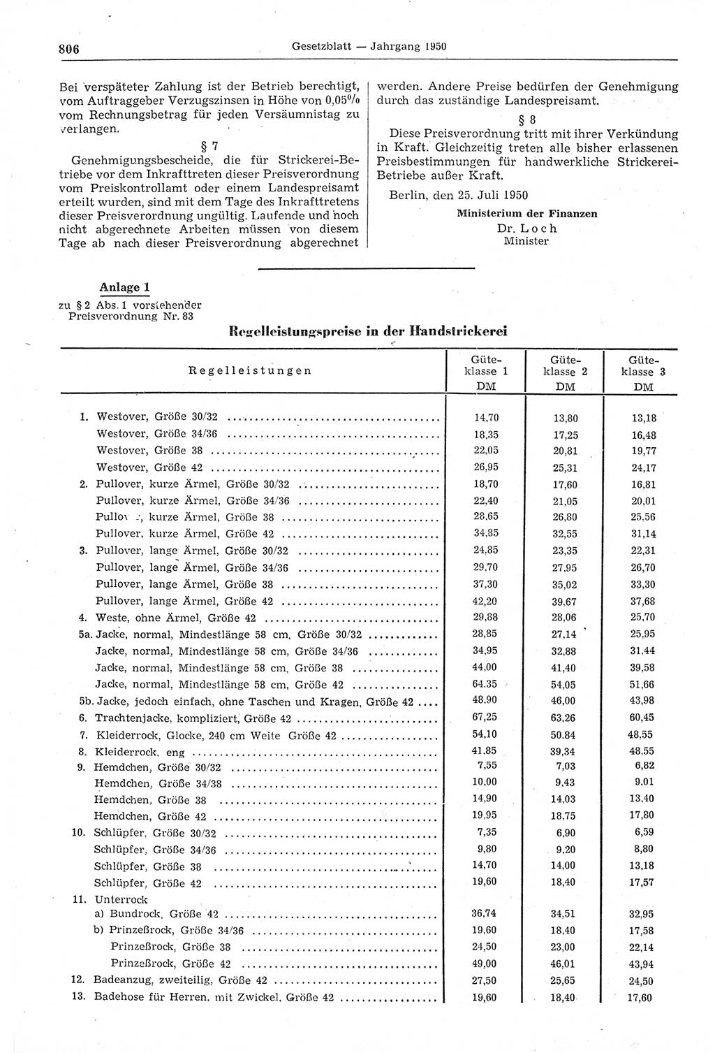 Gesetzblatt (GBl.) der Deutschen Demokratischen Republik (DDR) 1950, Seite 806 (GBl. DDR 1950, S. 806)