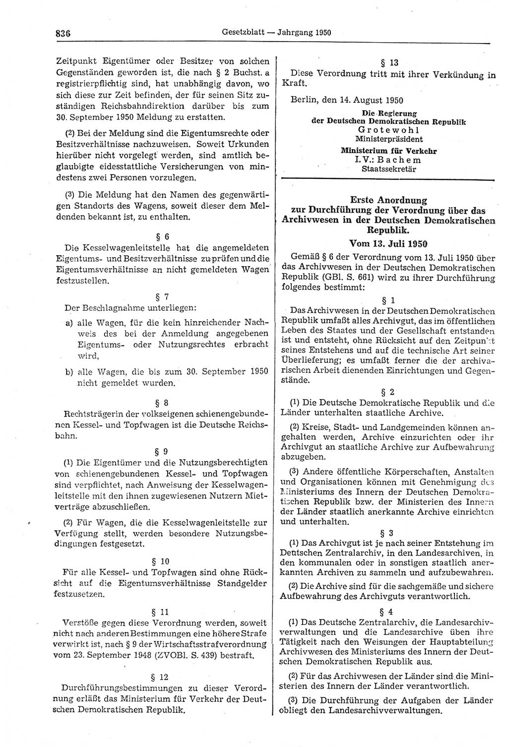 Gesetzblatt (GBl.) der Deutschen Demokratischen Republik (DDR) 1950, Seite 836 (GBl. DDR 1950, S. 836)