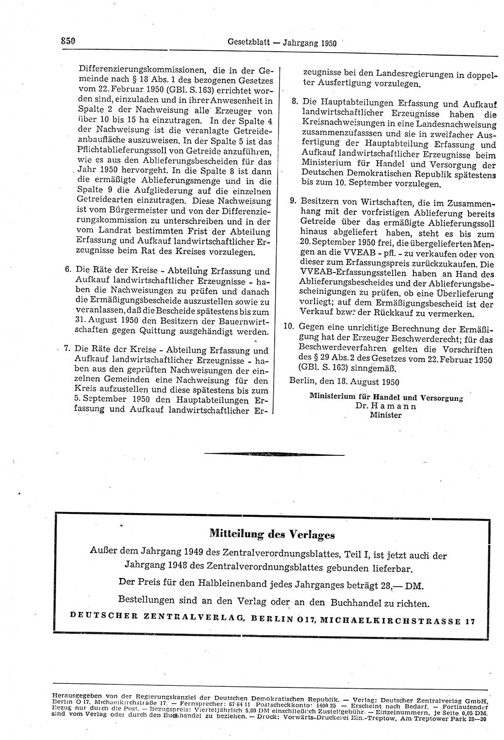 Gesetzblatt (GBl.) der Deutschen Demokratischen Republik (DDR) 1950, Seite 850 (GBl. DDR 1950, S. 850)